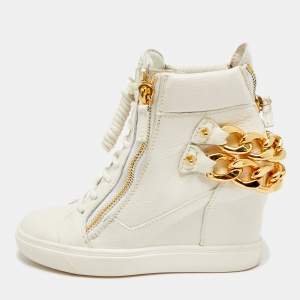 Pre Owned Giuseppe Zanotti Chain Detail Size 37.5 White Leather High Top Wedge Sneakers