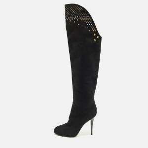 مملوكة مسبقًا Giuseppe Zanotti  Size 39 Black Suede Crystal Embellished Knee Length Boots