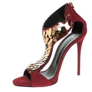 Pre Owned Giuseppe Zanotti Cherry Red Embellished Suede Peep Toe Sandals Size 37.5