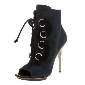 Pre Owned Giuseppe Zanotti Blue Canvas Lace Up Peep Toe Booties Size 37.5
