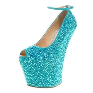 Pre Owned Giuseppe Zanotti Blue Crystal Embellished Suede Heelless Peep Toe Platform Pumps Size 37