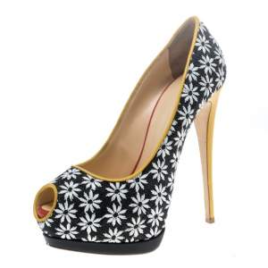 Pre Owned Giuseppe Zanotti Multicolor Fabric and Leather Peep Toe Platform Pumps Size 39 