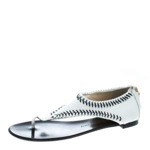 Pre Owned Giuseppe Zanotti White Leather Chain Trim Flat Thong Sandals Size 42
