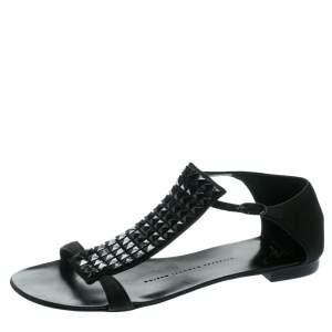 Pre Owned Giuseppe Zanotti Black Nubuck Leather Studded Flat Sandals Size 35