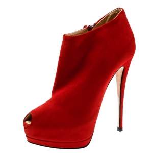 Pre Owned Giuseppe Zanotti Red Suede Ankle Length Peep Toe Platform Booties Size 38.5 