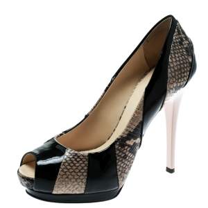 Pre Owned Giuseppe Zanotti Tricolor Embossed Python With Patent Leather Platform Peep Toe Pumps Size 37.5 