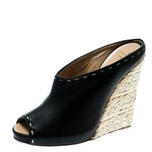Pre Owned Giuseppe Zanotti Black Leather Espadrille Wedge Peep Toe Mules Size 38