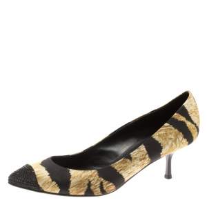 Pre Owned Giuseppe Zanotti Beige/Black Printed Satin Crystal Embellished Cap Toe Pumps Size 38