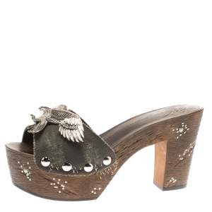 Pre Owned Giuseppe Zanotti Grey Canvas Eagle Embellished Saboot Platform Slides Size 38.5
