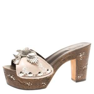 Pre Owned Giuseppe Zanotti Light Pink Canvas Eagle Embellished Saboot Platform Slides Size 38.5