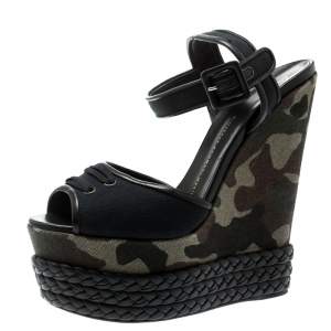 Pre Owned Giuseppe Zanotti Black Canvas And Leather Camouflage Platform Wedge Sandals Size 40