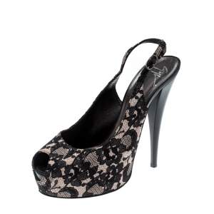 Pre Owned Giuseppe Zanotti Black Lace And Leather Peep Toe Platform Pumps Size 39