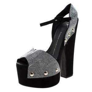 Pre Owned Giuseppe Zanotti Black Crystal Embellished Suede Platform Ankle Strap Sandals Size 39.5