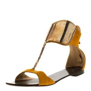 Pre Owned Giuseppe Zanotti Yellow Suede Chain T Strap Ankle Cuff Flats Sandals Size 37