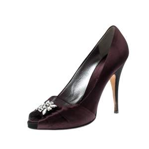 Giuseppe Zanotti Burgundy Satin Embellished Peep Toe Pumps Size 40