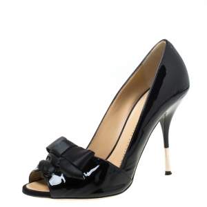 Pre Owned Giuseppe Zanotti Black Bow Satin and Patent Leather Peep Toe Pumps Size 38