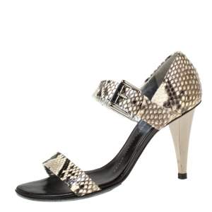 Pre Owned Giuseppe Zanotti Beige/Black Snakeskin Open Toe Buckle Strap Sandals Size 38