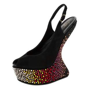 Pre Owned Giuseppe Zanotti Black Suede Embellished Sculpted Wedge Slingback Sandals Size 38