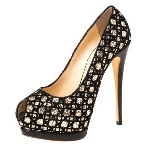 Pre Owned Guiseppe Zannotti Black Sharon Glitter And Lace Liza Peep Toe Platform Pump Size 38