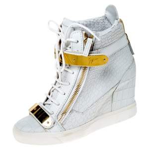 Pre Owned Giuseppe Zanotti White Croc Embossed Leather High Top Wedge Sneakers Size 38