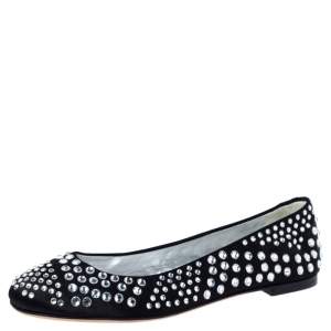 Pre Owned Giuseppe Zanotti Black Leather Crystal Studded Ballet Flats Size 38.5