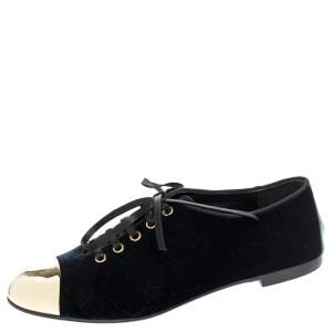 Pre Owned Giuseppe Zanotti Blue Velvet Gold Tone Cap Toe Oxford Flats Size 37.5