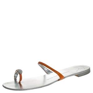 Pre Owned Giuseppe Zanotti Orange Leather Crystal Toe Ring Sandals Size 37.5