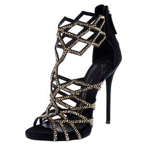 Pre Owned Giuseppe Zanotti Black Crystal Embellished Suede Cut Out Sandals Size 37.5