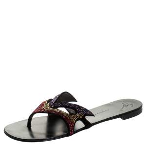 Pre Owned Giuseppe Zanotti Black Crystal Embellished Suede Thong Flat Sandals Size 39
