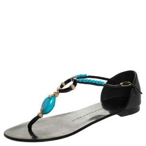 Pre Owned Giuseppe Zanotti Black Leather Turquoise Beaded Ankle Strap Thong Sandals Size 38.5
