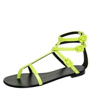 Pre Owned Giuseppe Zanotti Neon Green Leather Rock 10 T-Strap Flat Sandals Size 38