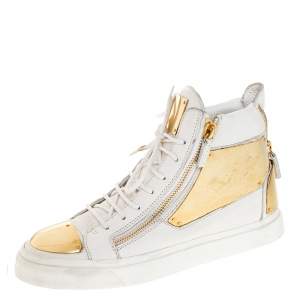 Pre Owned Giuseppe Zanotti White Leather Metal Embellished Double Chain High Top Sneakers Size 41