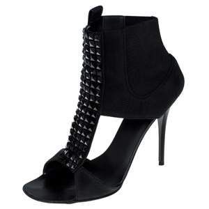 Pre Owned Giuseppe Zanotti Black Leather and Elastic Band Studded T Strap Sandals Size 38.5