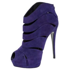 Pre Owned Giuseppe Zanotti Purple Wave Cut Out Suede Peep Toe Platform Booties Size 38