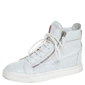 Pre Owned Giuseppe Zanotti White Croc Embossed Leather London High Top Sneakers Size 37.5