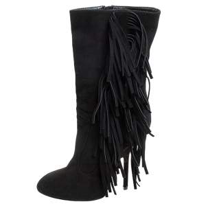 Pre Owned Giuseppe Zanotti Black Suede Fringe Detail Mid Calf Boots Size 38.5