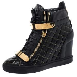 Pre Owned Giuseppe Zanotti Black Quilted Leather Lorenz Wedge Sneakers Size 40