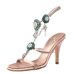 Pre Owned Giuseppe Zanotti Nude Pink Satin and Lizard Embossed Leather Crystal Embellished Ankle Strap Sandals Size 35.5