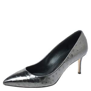 Pre Owned Giuseppe Zanotti Metallic Grey Ostrich Embossed Leather Lucrezia Pointed Toe Pumps Size 40