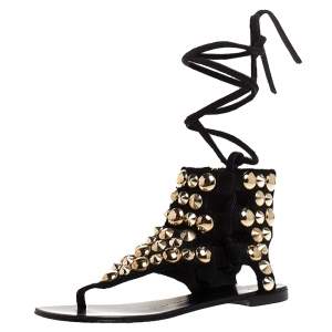 Pre Owned Giuseppe Zanotti Black Studded Suede  Ankle Wrap Flat Sandals Size 37
