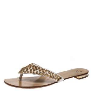 Giuseppe Zanotti White/Gold Studded Leather Thong Slides Size 40