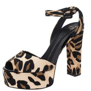 Pre Owned Giuseppe Zanotti Leopard Print Grosgrain Lavinia Ankle Strap Platform Sandals Size 39