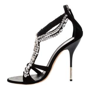 Pre Owned Giuseppe Zanotti Black Suede Crystal Embellished Strappy Sandals Size 41
