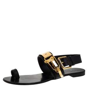 Pre Owned Giuseppe Zanotti Black Leather Toe Ring Buckle Slingback Flats Size 38