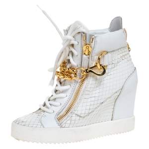 Pre Owned Giuseppe Zanotti White Snake Embossed Leather High Top Wedge Sneakers Size 36.5