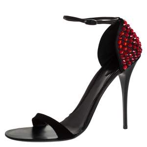 Pre Owned Giuseppe Zanotti Black Suede And Satin Crystal Embellished Ankle Strap Sandals Size 40