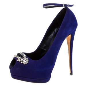 Pre Owned Giuseppe Zanotti Blue Suede Crystal Embellished Ankle Strap Peep Toe Platform Pumps Size 41