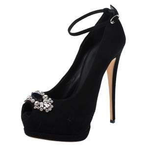 Pre Owned Giuseppe Zanotti Black Suede Crystal Embellished Ankle Strap Peep Toe Platform Pumps Size 37.5