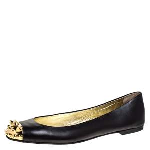 Pre Owned Giuseppe Zanotti Black Leather Malika Spiked Cap Toe Ballet Flats Size 38