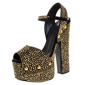 Pre Owned Giuseppe Zanotti Black/Gold Crystal Embellished Suede Betty Platform Sandals Size 39